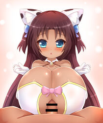 1girls :o animal_print bare_shoulders bell blue_bow blue_eyes blush bow breast_focus breast_squeeze breasts brown_hair cat_girl censored cleavage cleavage_cutout collar commission commissioner_upload cow_print dark-skinned_female dark_skin dress elbow_gloves engulfing_paizuri female female_focus gloves hair_bow hair_ornament halterneck huge_breasts kane-neko light-skinned_male long_hair looking_at_viewer naomi_minette original original_character paizuri paizuri_under_clothes penis pink_bow pov shiny shiny_hair shiny_skin shortstack solo_focus standing tight two_side_up upper_body white_clothes white_gloves wing_collar