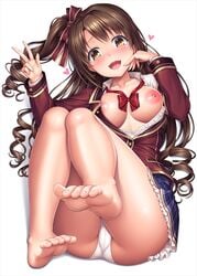 :d ass bare_legs blush bow bowtie brown_eyes brown_hair collarbone curly_hair eyebrows_visible_through_hair feet female female_only heart idolmaster idolmaster_cinderella_girls idolmaster_cinderella_girls_starlight_stage lambda_(kusowarota) long_hair long_sleeves looking_at_viewer love_letter_(idolmaster) nipples one_side_up open_clothes open_mouth panties shimamura_uzuki sidelocks skirt smile solo teeth toes underwear w white_panties