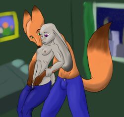 anthro clothing disney flat_chest fur furry furry_only grey_fur intimate judy_hopps kissing male nick_wilde nipples no_humans orange_fur remwithpen sketch undressing zootopia