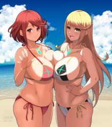 2girls abs alternate_costume arm_up asymmetrical_docking bare_shoulders beach bikini blush breast_press breasts cleavage day dual_persona female female_only gem hand_on_hip hero_(do-belman) highres large_breasts long_hair looking_at_viewer multiple_girls mythra navel ocean open_mouth outdoors pyra red_bikini red_eyes red_hair sand short_hair side-tie_bikini skindentation sky smile swimsuit text thick_thighs water watermark white_bikini wide_hips xenoblade_(series) xenoblade_chronicles_2 yellow_eyes