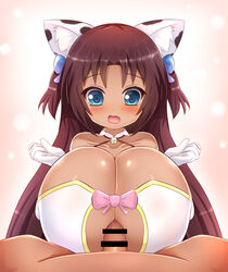 1girls animal_print bare_shoulders bell blue_bow blue_eyes blush bow breast_focus breast_squeeze breasts brown_hair cat_girl censored cleavage cleavage_cutout collar commission commissioner_upload cow_print dark-skinned_female dark_skin dress elbow_gloves engulfing_paizuri female female_focus gloves hair_bow hair_ornament halterneck huge_breasts kane-neko light-skinned_male long_hair naomi_minette open_mouth original original_character paizuri paizuri_under_clothes penis pink_bow pov shiny shiny_hair shiny_skin shortstack solo_focus standing surprised tight two_side_up upper_body wavy_mouth white_clothes white_gloves