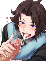 2boys black_hair blue_eyes blush cum cum_in_mouth cum_string disembodied_penis gay granblue_fantasy hand_on_penis handjob heart heart-shaped_pupils lancelot_(granblue_fantasy) large_penis licking_cum male_only penis penis_grab toumato toumator18 yaoi