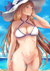 1girls adjusting_hair arm_at_side artist_name bangs bare_arms bare_legs bare_shoulders beach bikini bikini_top blue_bikini blue_sky blue_swimsuit blush bolt_action bottomless breasts cleavage cloud collarbone cowboy_shot criss-cross_halter day eyebrows_visible_through_hair female girls'_frontline green_eyes groin gun hair_between_eyes hair_rings halterneck hand_up hat highres hiroki_ree large_breasts legs light_brown_hair long_hair looking_at_viewer navel neck o-ring o-ring_bikini o-ring_swimsuit o-ring_top ocean outdoors pussy sand sea see-through sidelocks signature sky smile solo springfield_(girls'_frontline) standing stomach summer sun_hat swimsuit thighs uncensored water weapon_on_back white_bikini white_hat white_swimsuit