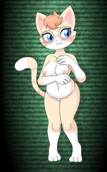 alfa995 anthro blue_eyes blush breasts eyewear feline feline female frown glasses mammal nude queen_(alfa995) slightly_chubby solo text