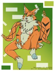 abstract_background anthro anus areola breasts chest_tuft digimon djcoyoteguy feline female fur green_eyes mammal meicoomon navel nipples orange_fur pussy solo tuft