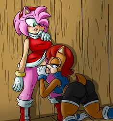 amy_rose ass balls breasts bulge clothed diabolussex futa_on_futa futa_only futanari intersex nipples oral penis precum sally_acorn sonic_(series) story_at_source storyman upskirt