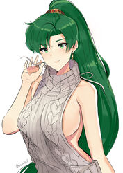 1girls blush breasts clothing earrings female fire_emblem fire_emblem:_the_blazing_blade green_eyes green_hair jewelry long_hair lyn_(fire_emblem) lyndis_(fire_emblem) ormille sideboob sleeveless_shirt smile solo tagme virgin_killer_sweater