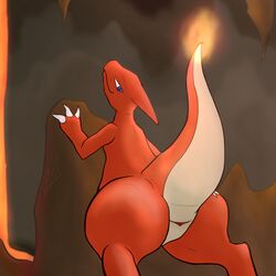 3_fingers against_wall ambiguous_gender animal_genitalia anthro ass atendedordeboludos back big_ass blue_eyes brown_background cave charmeleon claws cloaca detailed_background feral fire genital_slit half-closed_eyes hand_on_ass hi_res horizontal_cloaca huge_ass large_ass lava looking_at_viewer looking_back nintendo nude pokémon_(species) pokemon pokemon_rgby presenting presenting_hindquarters raised_tail rear_view red_skin rock scalie slit smile solo standing tail text thick_thighs video_games watermark white_skin wide_hips