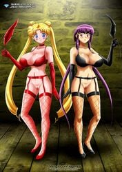 2girls ayeka_masaki_jurai bbmbbf big_breasts bishoujo_senshi_sailor_moon blonde_hair blue_eyes blush bondage bra breasts crossover diamond_level double_bun feathers female female_only hair_bun high_heels innie_pussy large_breasts latex_bra latex_gloves long_hair multiple_girls palcomix pietros_secret_club purple_hair pussy red_eyes shaved_pussy stockings tenchi_muyo! usagi_tsukino watermark