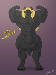 2018 abs animal_genitalia anthro ball_growth balls biceps big_(disambiguation) big_balls black_fur blonde_hair bulge canid canine flexing fur growth hair huge_balls hyper hyper_balls hyper_muscles juano male male_only muscular nude pecs sheath simple_background solo springfield