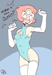 1girls blush bodysuit cam cameltoe clothed clothed_female clothing collar dezz elbow_gloves embarrassed female female_only leotard nipples nipples_visible_through_clothing pearl_(steven_universe) pussy steven_universe stockings surprised thighhighs