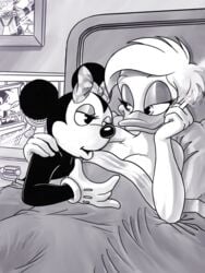 2girls after_sex anthro anthro_on_anthro avian beak bed bed_sheet bedroom bedroom_eyes breast_squeeze breasts cigarette cleavage daffy_duck daisy_duck disney duck duckdraw female female_focus female_only gloves indoors interspecies liquidmark looney_tunes minnie_mouse monochrome mouse quack_pack rodent soft_feathers under_cover warner_brothers wholesome yuri