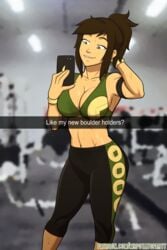 1girls abs armband avatar_the_last_airbender bare_arms bare_calves bare_midriff bare_shoulders big_breasts bra breasts brown_hair busty calves cleavage clothing earth_kingdom female female_focus female_only gym jin_(avatar) large_breasts long_hair mrpotatoparty navel nickelodeon ponytail pose posing selfie snapchat solo sport sports_bra sportswear standing straight_hair sweat sweating sweaty_breasts text tied_hair url watermark wide_hips