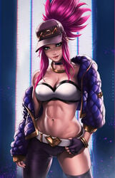 abs akali alternate_costume asymmetrical_legwear blue_eyes breasts cleavage dandon_fuga female female_only hat idol jacket k/da_akali k/da_series league_of_legends leggings lipstick looking_at_viewer midriff ponytail purple_hair riot_games solo strapless strapless_top strapless_topwear toned tubetop