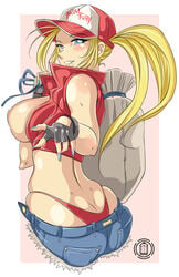 1girls ass blonde_hair blue_eyes breasts breasts_out canon_genderswap cap fatal_fury female female_only female_terry fingerless_gloves gloves jacket king_of_fighters large_breasts looking_at_viewer nail_polish nipples panties pawz_(artist) pawzncupz ponytail red_panties rule_63 shorts snk snk_heroines:_tag_team_frenzy solo terry_bogard voluptuous whale_tail