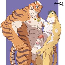 2017 abs anthro anthro_only blue_eyes boner cum_leaking cupping_balls duo erection feline fur furry furry_only gay hands_on_ass hands_on_balls leaking lin_hu lion looking_at_viewer male male_focus male_only mammal muscular muscular_male nekojishi no_humans nude orange_fur pecs penis precum reclamon size_difference tail tiger yaoi