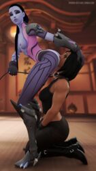 3d anilingus ass_kiss ass_lick black_eyes black_hair blender bodysuit breasts dark-skinned_female dark_skin duo female femsub forced forced_oral high_resolution humiliation interracial kneeling lezdom multiple_girls muscle muscular_female overwatch pharah pharah-best-girl rimjob rimming small_breasts torn_bodysuit torn_clothes widowmaker yuri