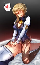 1boy :d bed_sheet blush breasts cleavage clothed_sex cowgirl_position defloration deflowering female female_virgin goblin_slayer goblin_slayer_(goblin_slayer) guild_girl_(goblin_slayer) happy heart heart-shaped_pupils highres lying male medium_breasts naughty_face on_back open_mouth pantyhose pussy rur4885 scar sex smile straddling straight symbol-shaped_pupils torn_clothes torn_pantyhose vaginal_blood vaginal_penetration virgin virginal_blood