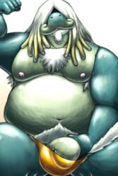 1boy armpit_hair belly body_hair bulge chest_hair chubby dragon drampa flexing green_skin hair_over_eyes large_penis male male_focus male_only musclechub navel nintendo nipples overweight overweight_male penis pokémon_(species) pokemon pokemon_sm pokemorph solo topless vantablackbox veins veiny_penis video_games white_fur