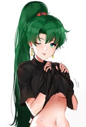 black_shirt blush breasts earrings female fire_emblem fire_emblem:_the_blazing_blade green_eyes jewelry long_hair looking_at_viewer lyn_(fire_emblem) lyndis_(fire_emblem) navel ormille shirt_pull solo sweat tongue tongue_out underboob wink