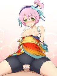 1boy bike_shorts black_hairband black_shorts blush breasts censored closed_mouth clothed_sex cowgirl_position cum cum_in_pussy cum_inside female green_eyes hairband happy_sex highres japanese_clothes kanonno_earhart kiikii kiikii_(kitsukedokoro) kimono kitsukedou light_particles medium_breasts mosaic_censoring nipples overflow penis pink_background pink_hair pussy radiant_mythology raised_eyebrows sex shiny shiny_skin short_hair shorts side_ponytail smile spread_legs straddling tales_of_(series) tales_of_the_world tales_of_the_world_radiant_mythology torn_clothes torn_shorts vaginal_penetration white_background