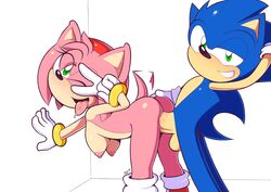 1boy 1girls 2018 5_fingers absurd_res against_wall amy_rose anthro areola ass balls bent_over blue_fur blue_hair blush boots bracelet breasts clothing couple duo erect_nipples erection eyelashes female footwear from_behind_position gloves green_eyes grin hairband hand_behind_head hand_on_ass hedgehog hi_res humanoid_hands jewelry looking_at_viewer male mammal mostly_nude nipples one_eye_closed penetration pink_fur pink_hair pose posing pussy_juice quills saliva sega sex shoes simple_background smile sonic_(series) sonic_the_hedgehog standing_sex straight supersegasonicss tailwag tongue tongue_out v vaginal_penetration vein video_games white_background wink