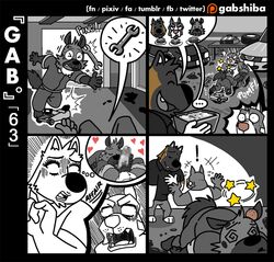 ! ... 5_fingers akita anger_vein angry anthro band-aid bandage black_border black_fur black_nose border brown_fur canine car censored closed_eyes clothed clothing comic cutaway erection eyebrows eyelashes food fully_clothed fur gabshiba grey_fur group heart holding_object hyena inside interspecies licking lying male mammal mechanic misunderstanding multicolored_fur on_back on_front oral penis penis_grab penis_lick pictographics pink_nose pit_bull ruff_bull sex shocked standing star sweat sweatdrop tire tongue tongue_out tools tripping two_tone_fur unconscious vehicle voff_akita white_fur wrench yaoi