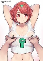 1boy 1girls abs absurdres alternate_costume arms_behind_head arms_up artist_name big_breasts blush bob_cut breast_grab breasts chinese_commentary circlet cleavage closed_mouth clothes_writing collarbone commentary_request controller crop_top dated double_breast_grab earrings female fondling fondling_breast fondling_breasts game_controller game_controller_nipples_(meme) game_controller_print gorgeous_mushroom grabbing_another's_breast gradient_background hairband highres human jewelry large_breasts looking_at_viewer male male_pov meme midriff navel nintendo pov pyra pyra_(xenoblade) red_eyes red_hair see-through_clothes shirt short_hair signature simple_background smile solo_focus straight sweatdrop swept_bangs t-shirt wet white_background xenoblade_(series) xenoblade_chronicles_(series) xenoblade_chronicles_2