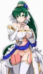 bare_shoulders blue_flower blue_rose bridal_veil bride dress elbow_gloves female fire_emblem fire_emblem:_the_blazing_blade fire_emblem_heroes flower frills garter_straps gloves green_eyes green_hair hair_ornament jewelry long_hair lyn_(bridal)_(fire_emblem) lyn_(fire_emblem) lyndis_(fire_emblem) necklace ormille panties rose solo strapless strapless_dress thighhighs wedding_dress white_dress