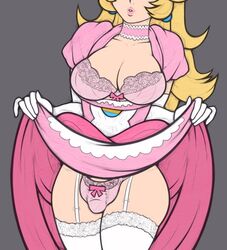 1futa antiheld bulge dress dress_lift elbow_gloves futa_only futanari gloves grey_background intersex lace lace-trimmed_bra lace-trimmed_panties lace_trim lifted_by_self mario_(series) nintendo penis_bulge penis_in_panties princess princess_peach seductive simple_background small_penis solo standing tabletorgy white_gloves