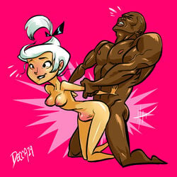 1boy 1girls arm_grab biting_lip blush breasts cross-eyed dark-skinned_male dark_skin decca19 deep_penetration from_behind hanna-barbera interracial judy_jetson male muscular_male nipples stomach_bulge the_jetsons white_hair