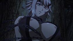 10s animated animated_gif areolae bdsm breasts chains cleavage clenched_teeth fake_horns female grey_hair large_breasts nipples queen's_blade screencap shizuka_(queen's_blade) short_hair