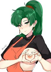 apron black_shirt blush breasts clothing duo earrings female fire_emblem fire_emblem:_the_blazing_blade green_eyes green_hair jewelry long_hair lyn_(fire_emblem) lyndis_(fire_emblem) nipples ormille