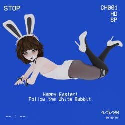 3d black_eyelashes black_eyeliner black_lipstick brown_hair bulge bulge_through_clothing bulge_under_clothes bunny bunny_boy bunny_costume bunny_ears bunny_suit bunny_tail bunnysuit cuffs cuffs_(clothing) easter femboy fluffy_hair gray_eyes leotard lipstick morgundy_(artist) morgundy_(morgundy) nylon_stockings nylons pantyhose striped_thighhighs vhs vhs_artifacts vhs_filter vhs_tape white_leotard wrist_cuffs