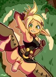 rotzedust wakfu dofus cra evangelyne elf elf_ears blush pov male_pov disembodied_penis disembodied_hand holding_legs hand_on_thigh green_eyes freckles blonde_hair exposed_breasts bottomless pubic_hair vaginal_penetration outdoors outdoor_sex forest thigh_boots gloves on_back missionary_position