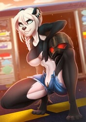 2018 4_toes 5_fingers anthro bear blue_eyes breasts detailed_background ear_piercing female kammi-lu mammal navel panda piercing pussy solo toes under_boob