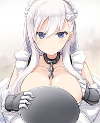 1boy azur_lane bangs belfast_(azur_lane) blue_eyes blush breasts breasts_out censored chains choker clothed_paizuri collar collarbone female gloves huge_breasts long_hair maid maid_headdress paizuri penis pov shirazawa silver_hair smile solo_focus straight swept_bangs translated tray white_hair