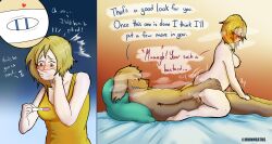 absurd_res age_difference anthro anthro_penetrating anthro_penetrating_female anthro_penetrating_human bed blonde_hair bodily_fluids breasts breeding breeding_kink brown_body brown_fur canid canine dirty_talk duo english_text female fur furniture hair hi_res human human_on_anthro human_penetrated interspecies ironmeatus male male/female mammal musk on_bottom on_top penetration power_bottom pregnant pregnant_female pregnant_human pregnant_sex reverse_cowgirl_position sex sweat text