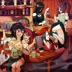 2boys 4girls alcohol alternate_costume ass avatar_the_last_airbender azula bar bare_shoulders bartender beer bent_leg black_hair black_lipstick braid breast_grab breast_piercing breasts breasts_out brother_and_sister brown_hair cabbage_merchant cabbage_seller_(avatar) candle chair choker cleavage closed_eyes closed_mouth clothing crying dress drink drinking drunk earth_kingdom exposed_breasts fire_nation frilly_panties garter grabbing grabbing_from_behind green_eyes grey_hair groping_breasts groping_from_behind hair_over_one_eye half-closed_eyes happy hat headband highres indoors interspecies jin_(avatar) june_(avatar) large_breasts lips lipstick long_hair looking_at_another looking_at_ass makeup medium_breasts momo_(avatar) multiple_boys multiple_females multiple_girls multiple_males my_pet_tentacle_monster nickelodeon nipple_piercing nipple_rings nipples old_man open_mouth panties pirate pirate_hat pitcher ponytail primate public_nudity raised_skirt red_hat red_headband red_lipstick scar short_hair sitting smile smoke spilled_drink standing stockings straight table tears thighhighs tray ty_lee waitress wave wench wink yellow_eyes yuri zuko