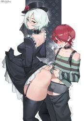 1boy 1femboy 1girls assertive_female character_request female femboy femboy_on_female older_female_and_younger_male red_hair rubbing_ass sintrybest tagme white_hair