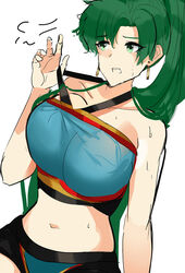 breasts earrings female fire_emblem fire_emblem:_the_blazing_blade green_eyes green_hair jewelry long_hair lyn_(fire_emblem) lyndis_(fire_emblem) ormille solo sweat sweatdrop