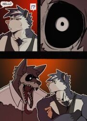 3_panel_comic american_opossum anthro big_muscles body_horror bone canid canine canis clothing comic dialogue digital_media_(artwork) domestic_dog duo english_text fur hi_res hollow_eyes king_slabu male mammal marsupial muscular muscular_anthro muscular_male nathan_(king_slabu) pecs shirt skull skull_head speech_bubble spirit text topwear torn_clothing torn_shirt torn_topwear unhinged_jaw virginia_opossum white_body white_fur yellow_eyes