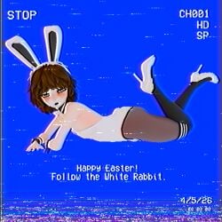 3d black_eyelashes black_eyeliner black_lipstick brown_hair bulge bulge_through_clothing bulge_under_clothes bunny bunny_boy bunny_costume bunny_ears bunny_suit bunny_tail bunnysuit cuffs cuffs_(clothing) easter femboy fluffy_hair gray_eyes leotard lipstick morgundy_(artist) morgundy_(morgundy) nylon_stockings nylons pantyhose striped_thighhighs vhs vhs_artifacts vhs_filter vhs_tape white_leotard wrist_cuffs