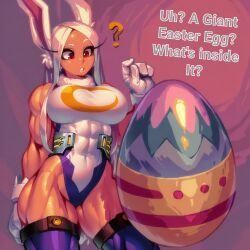 1girls abs ai_generated big_breasts bunny_ears bunny_girl bunny_tail clothed clothing color curious easter easter_egg egg female female_focus female_only fit_female gigiti hi_res large_breasts looking_at_viewer miruko muscles muscular muscular_female my_hero_academia rumi_usagiyama solo solo_female standing thick_thighs trogiai