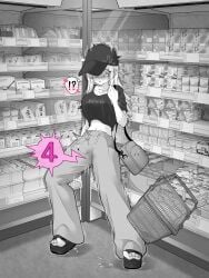 ! 2025 ? bag blush breasts closed_eyes closed_mouth collarbone commentary commentary_request crop_top dropped_object dropping female full_body greyscale groceries grocery_store hat highres holding implied_vibrator indoors jewelry kakuremino7928 large_breasts long_hair monochrome navel necklace original pants public_indecency pussy_juice_stain remote_control_vibrator sandals sex_toy shirt shopping shopping_basket short_sleeves shoulder_bag solo spoken_blush spoken_exclamation_mark spoken_question_mark spread_legs standing sweatpants toes trembling variant_set vibrator