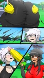 1boy 2girls big_ass big_breasts black_clothes black_hair blizcuka clothes_ripping grabbing_ass original original_characters penis_on_face roblox roblox_background roblox_game tagme white_hair yellow_penis