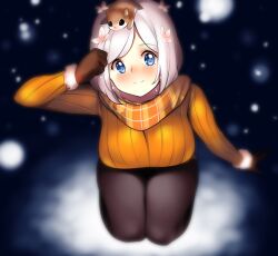 blue_eyes breasts dskn female female_focus gloves gradient_background huge_breasts looking_at_viewer original seiza sitting snow snowing solo sweater white_hair
