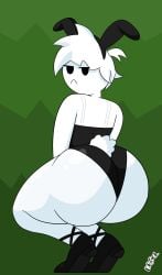 :< ass ass_bigger_than_head big_ass black_bunny_ears black_bunnysuit bunnysuit dissappointed_look dr_gol. easter eyebrows_visible_through_hair femboy femboy_focus gol_(dr_gol) looking_at_viewer looking_back male male_only mob_face playboy_bunny rear_view self_insert short_hair simple_background solo_focus squatting watermark white_body white_hair white_skin