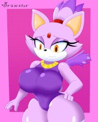 abstract_background alternate_costume artist_signature blaze_the_cat drawxter eyeshadow forehead_jewel large_breasts leotard navel necklace nipple_bulge sonic_(series) thunder_thighs