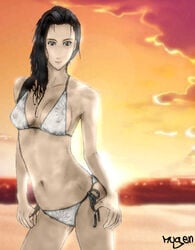 abs beach bikini black_hair brown_eyes hair_down medium_breasts navel nipples samurai_champloo string_bikini sunset wet wet_hair yatsuha_imano